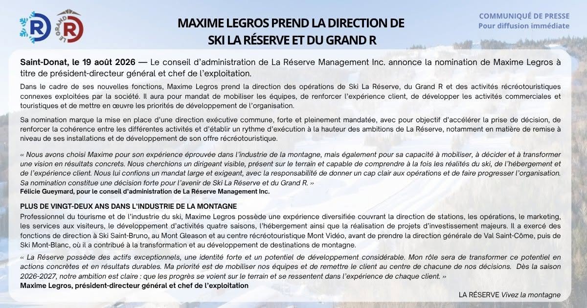 La Réserve annonce la nomination de Maxime Legros à titre de DG